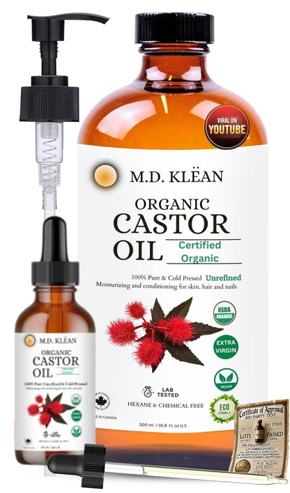 M.D. Klean Organic Cold Pressed Castor Oil (560 ml) 60 ML Dropper + Pump Included