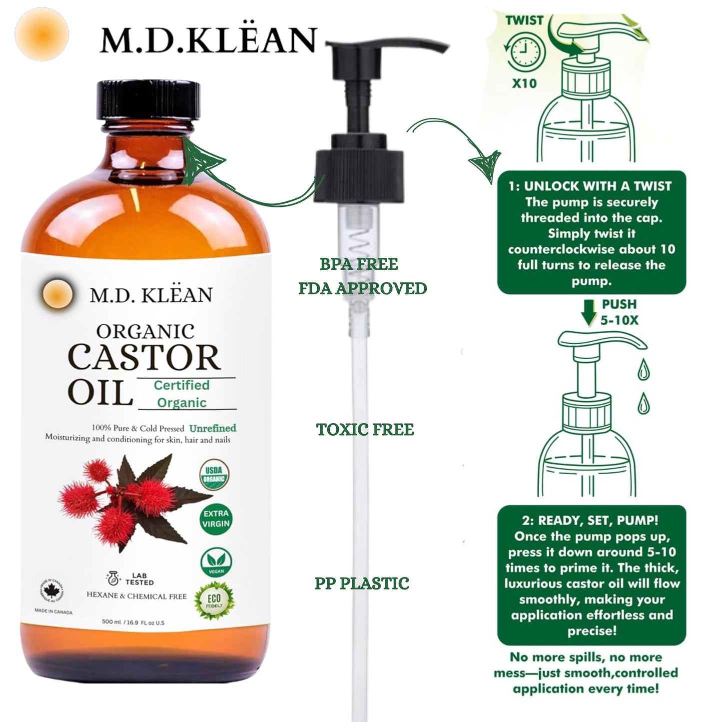 M.D. Klean Organic Cold Pressed Castor Oil (560 ml) 60 ML Dropper + Pump Included